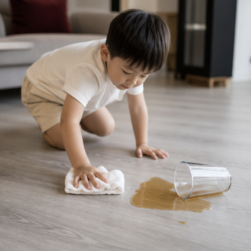 小孩打翻飲料後可快速擦拭整理的居家地板